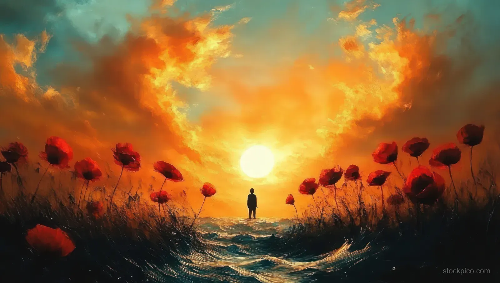 Lone figure silhouette standing on a path through red poppies beneath an orange and yellow sunset sky.