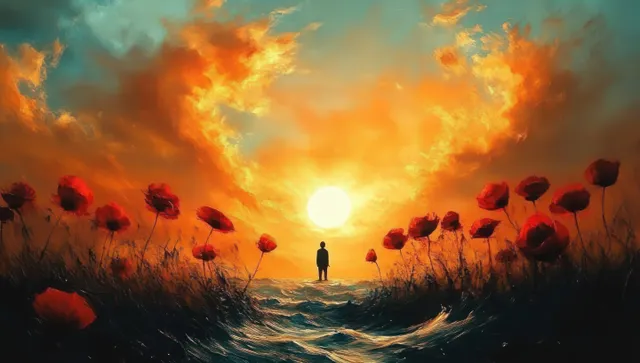 Silhouette of a lone figure on a path through red poppies at blazing sunset