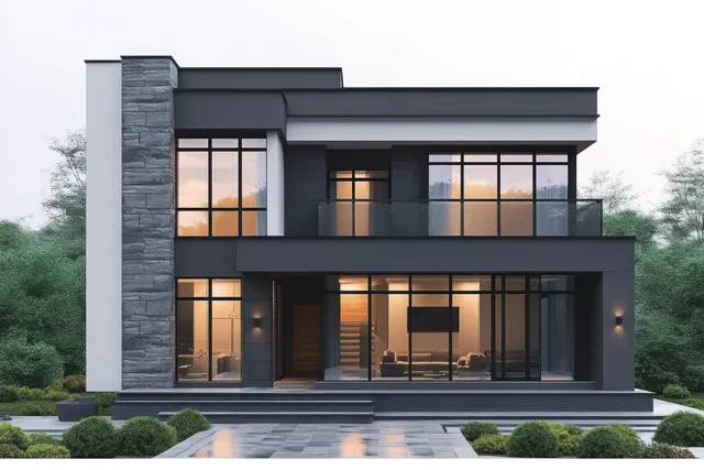 Modern two-story house with full-height glass doors and lit interior under cloudy sky