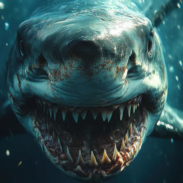 Great white shark lunging underwater with open jaws and sharp teeth, blue ocean closeup