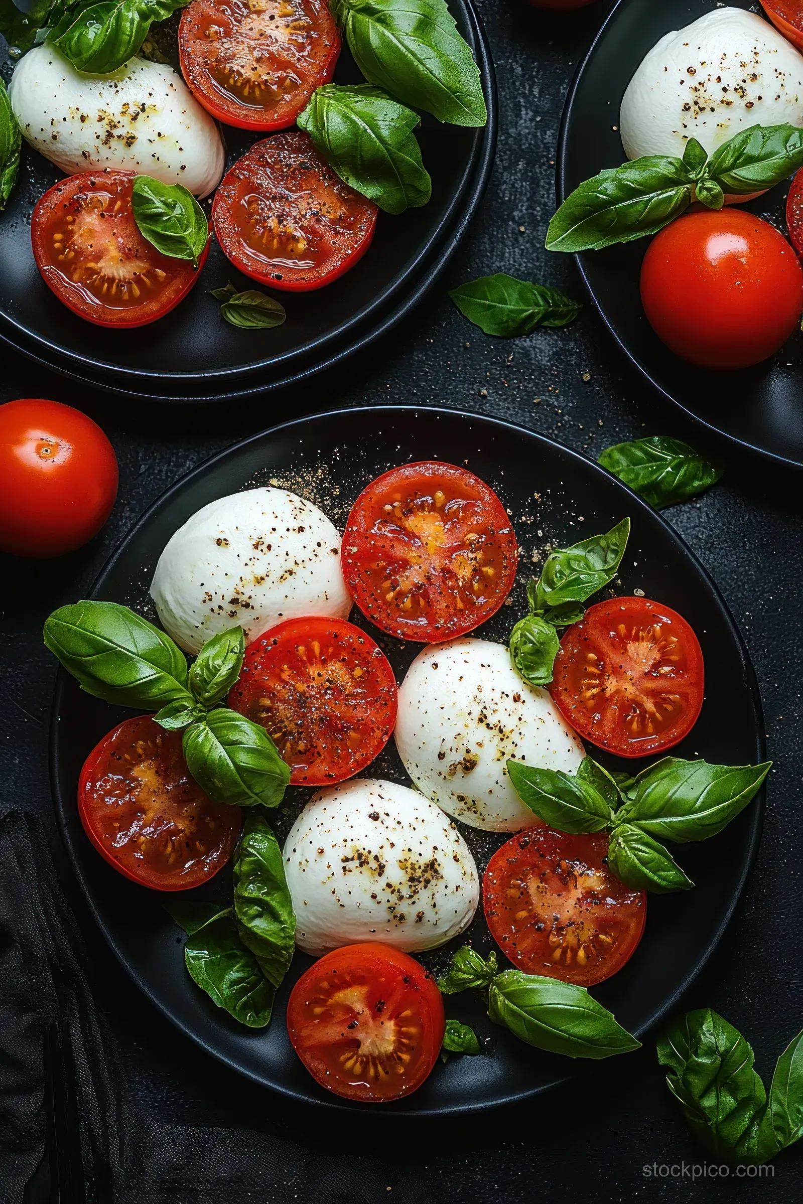 Tomato slices and mozzarella balls topped with basil and black pepper on black plates.