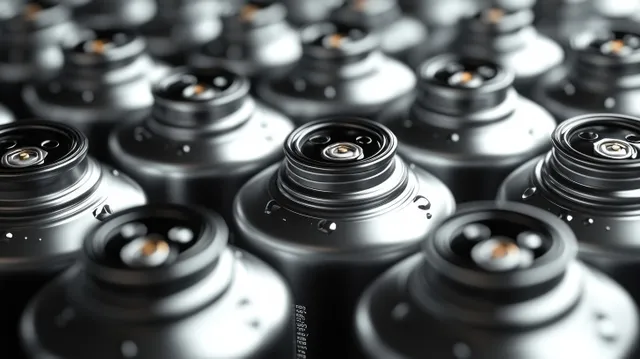 Uncapped silver spray cans fill the frame, showing nozzle openings with small water droplets on a reflective metallic surface.