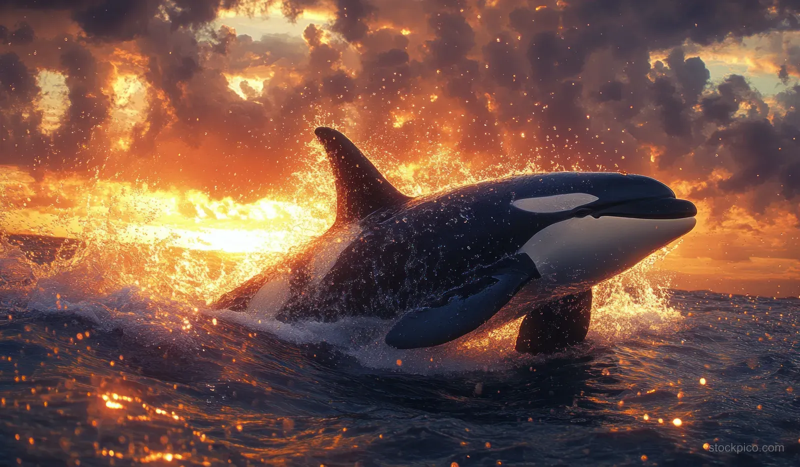 An orca swims through sunset waves in a Norwegian fjord, creating a splash and bright sky reflections.