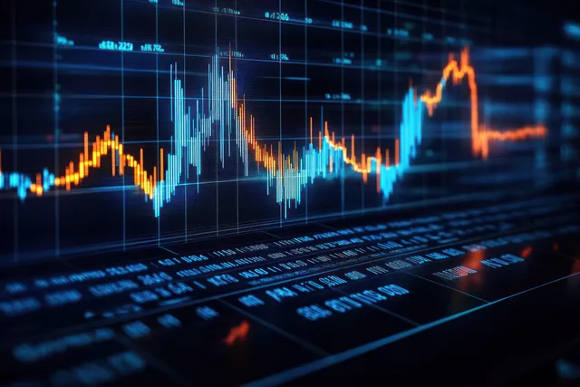 Neon cyberpunk stock chart rising above glowing data grids on dark trading screen