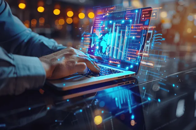 Business analyst on laptop reviewing FMEA risk charts with glowing holographic data overlays