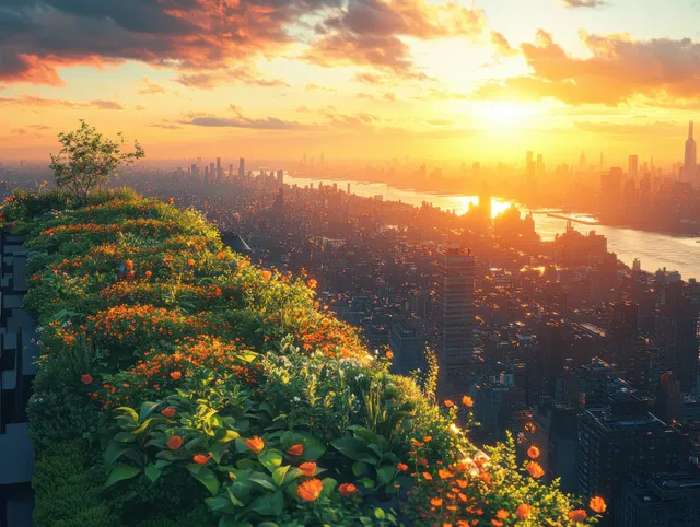 Rooftop garden overlooks a glowing downtown skyline at golden hour with blooming flowers