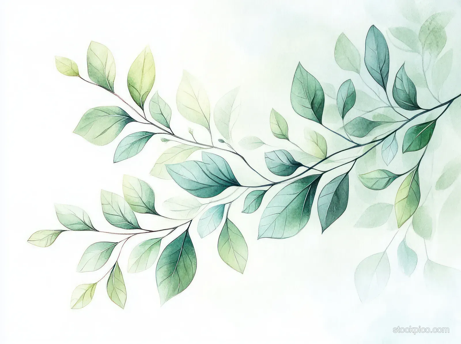 Watercolor illustration shows intertwined green leafy branches on a soft white background.