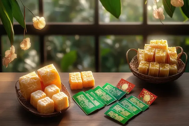 Golden mooncakes and green festive envelopes displayed on a wooden table near a window with soft daylight.