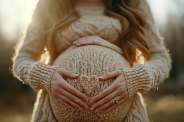 Las manos de una pareja forman un corazón sobre el vientre de una mujer embarazada con cálida luz dorada al aire libre.