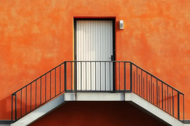 A closed white door at the top of concrete stairs with black metal railings against an orange textured wall.