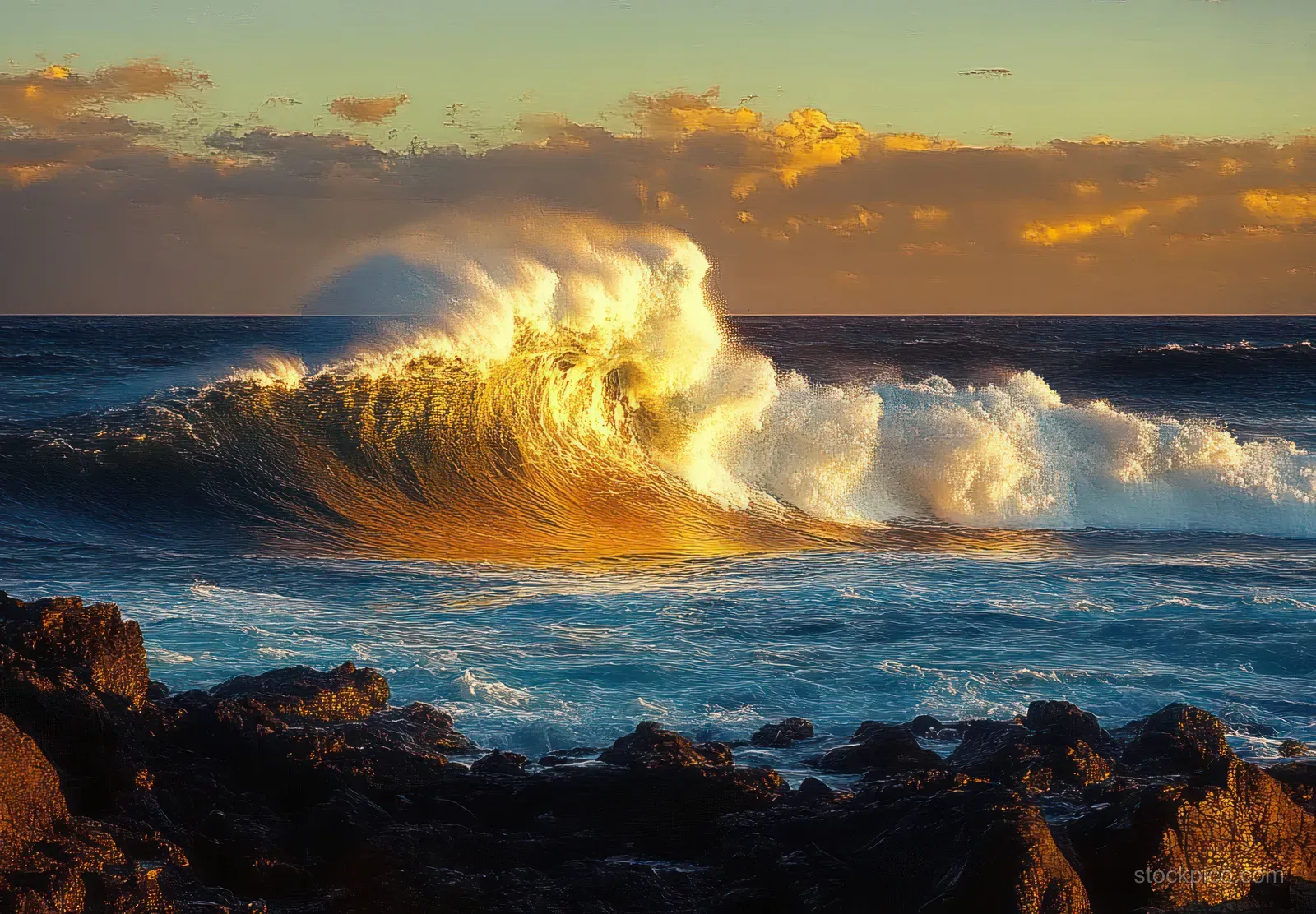 A large ocean wave crashes into white foam against dark rocks under golden sunset clouds.