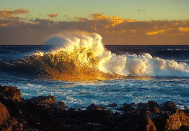 Golden sunset light illuminates a crashing ocean wave on a dark rocky coastline