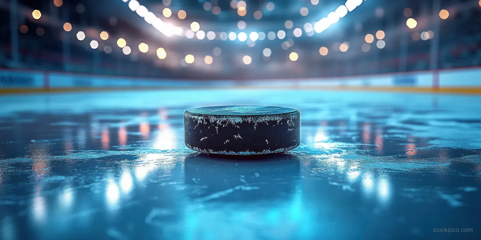 A black hockey puck on a reflective ice rink with bright stadium lights and a blurred crowd behind it.