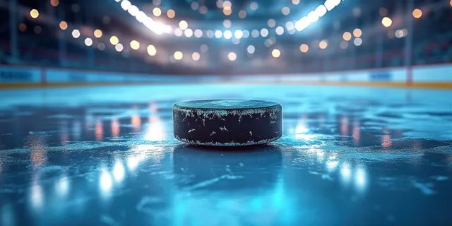A black hockey puck on a reflective ice rink with bright stadium lights and a blurred crowd behind it.