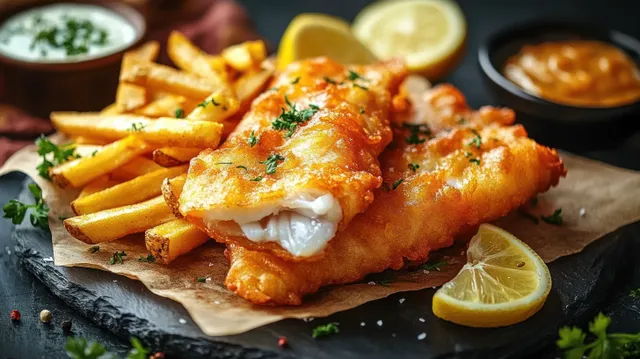Golden fried fish fillets with fries, lemon wedges, and herb garnish sit on a dark stone plate.