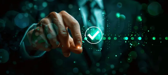 A hand taps a glowing checkmark icon on a virtual screen with floating light particles.