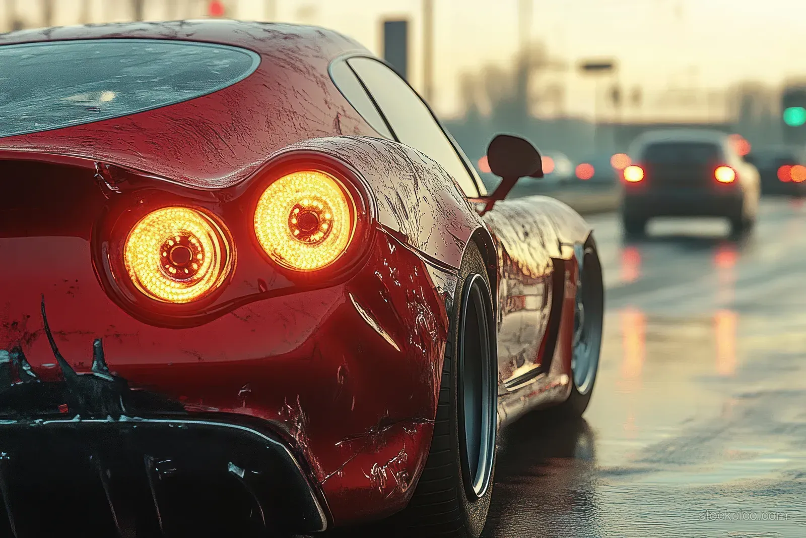 Scratched red sports car with glowing taillights drives on a wet dusk street with blurred cars ahead.