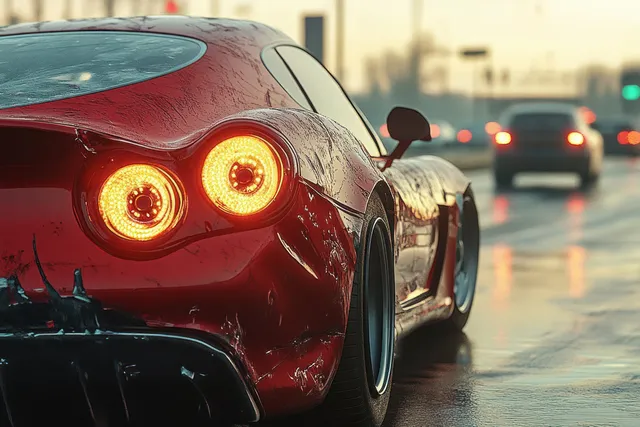 Scratched red sports car rear driving on wet dusk street with glowing taillights