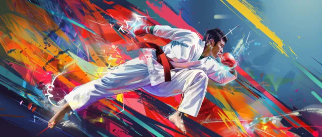 A South Korean taekwondo athlete executes a dynamic spinning kick in a vibrant, high-energy sports arena.