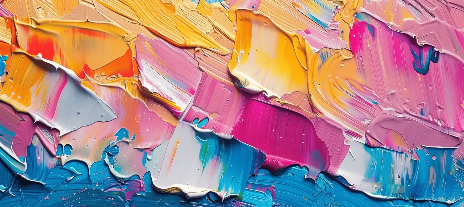 Abstract canvas texture with thick pink, blue, and yellow paint strokes.