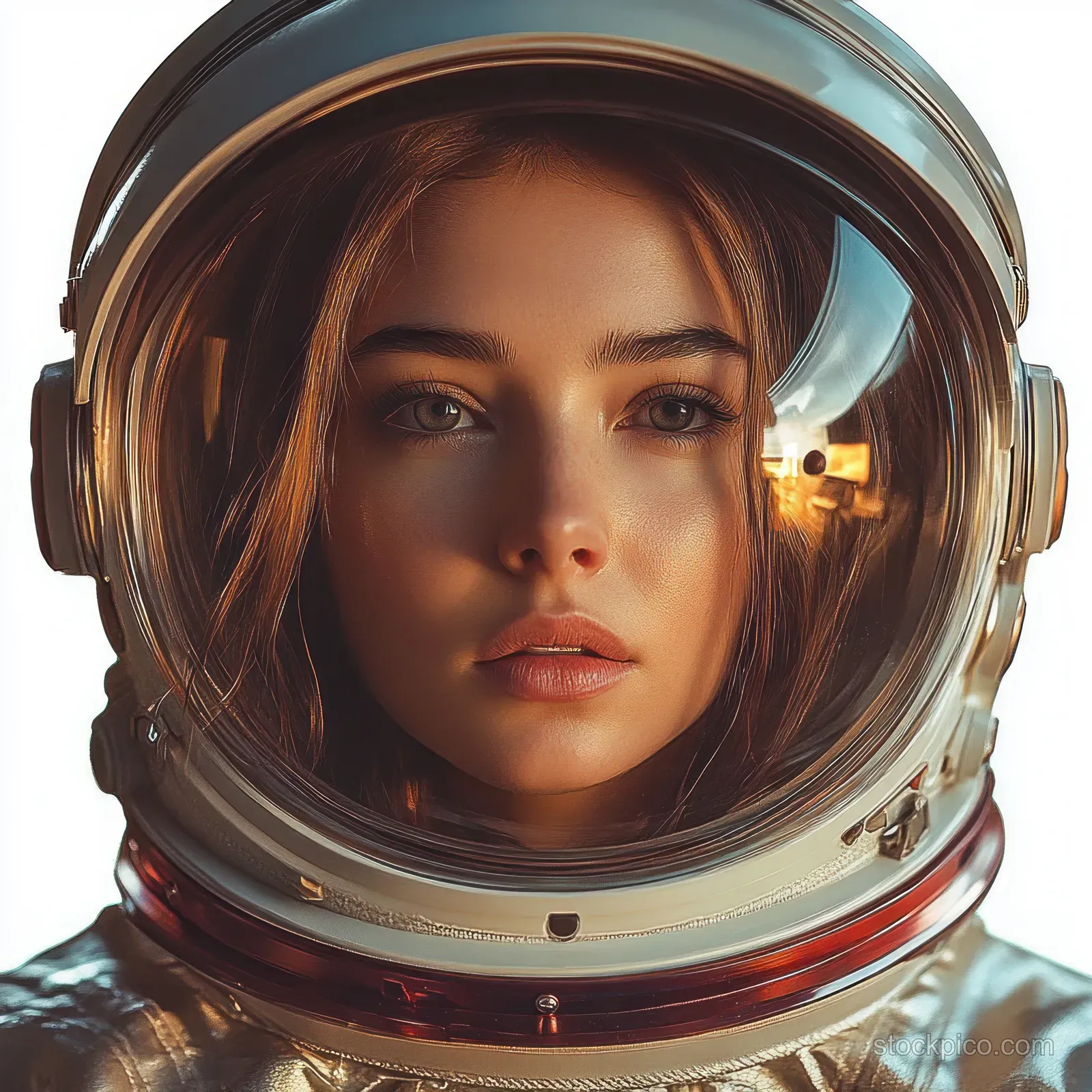 Close-up portrait of a calm astronaut wearing a reflective space helmet with a reflective visor and serious expression.