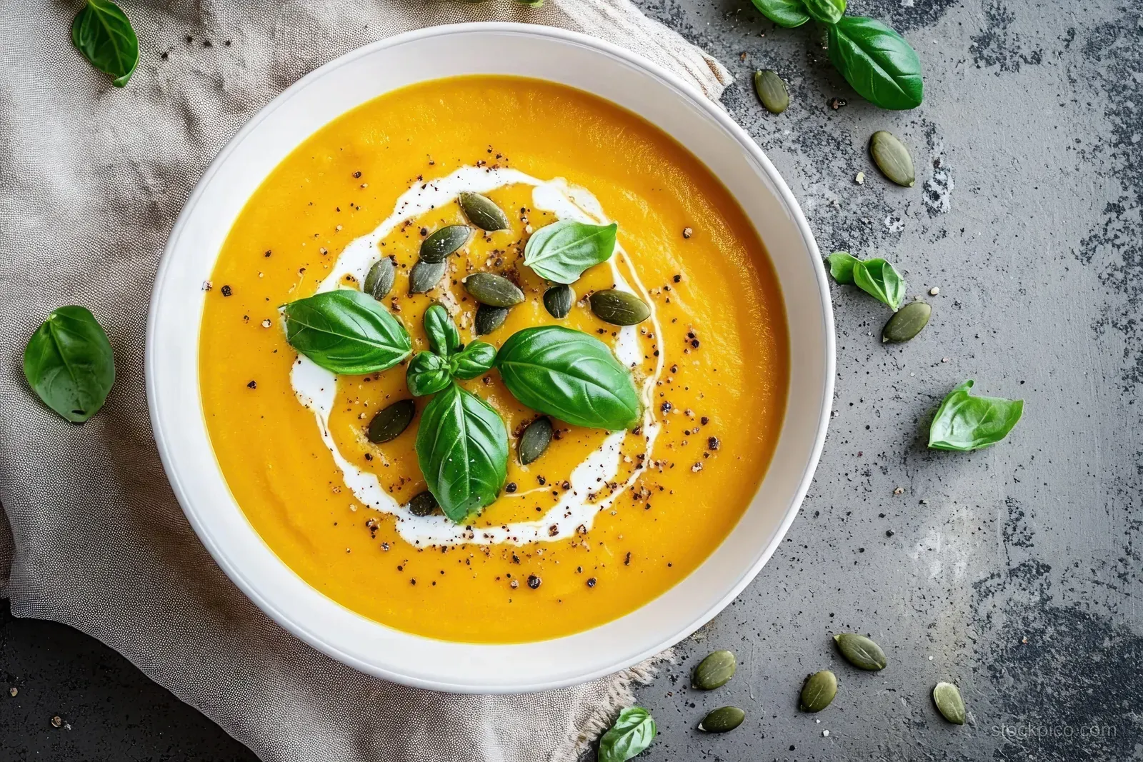 Creamy pumpkin soup in a white bowl topped with basil leaves, pumpkin seeds, and black pepper on a textured table.