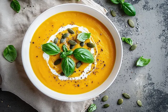 Creamy pumpkin soup in a white bowl topped with basil leaves, pumpkin seeds, and black pepper on a textured table.