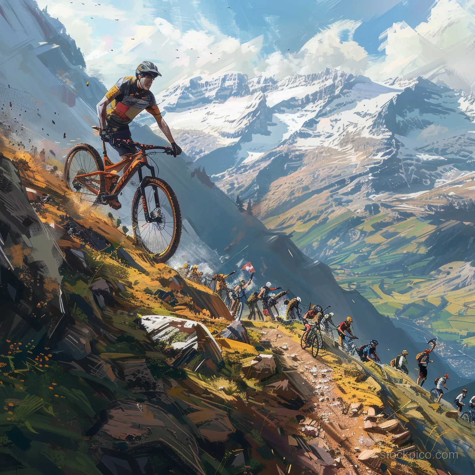 A mountain biker races downhill on a rocky alpine trail with other cyclists and spectators in front of snowy Swiss peaks.