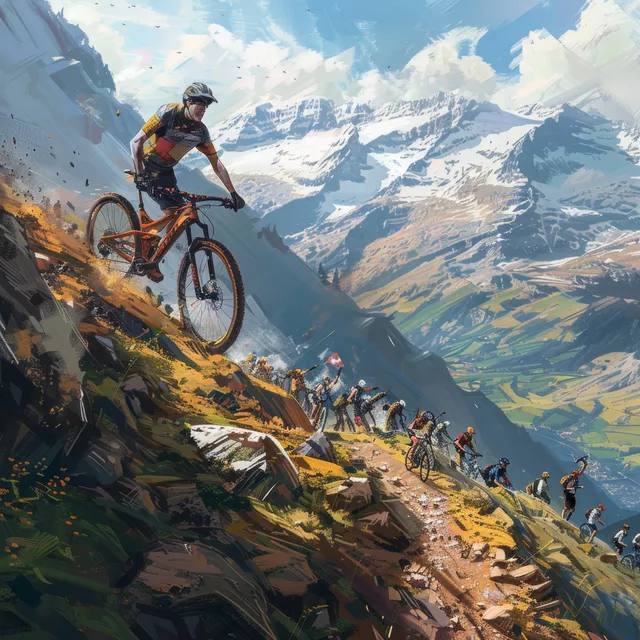 Um ciclista de mountain bike desce em alta velocidade por uma trilha alpina rochosa com outros ciclistas e espectadores diante de picos suíços nevados.