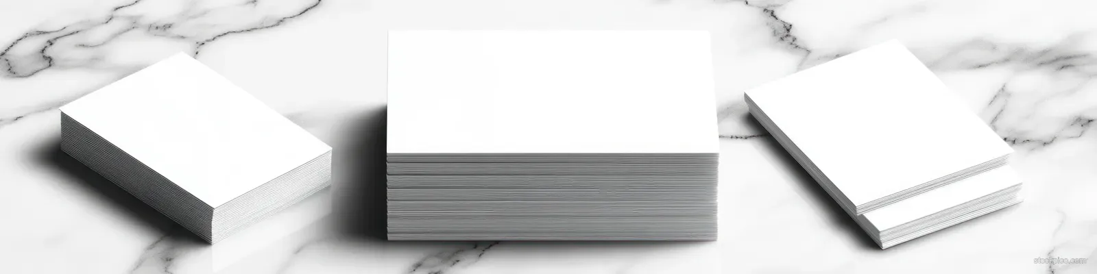 Stacked business cards on a white marble surface with soft side lighting and a top-down view.