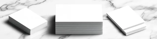 Stacked business cards on a white marble surface with soft side lighting and a top-down view.