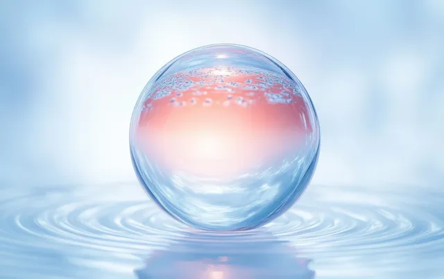 A glossy blue water droplet orb reflects light while resting on a calm, mirror-like surface.