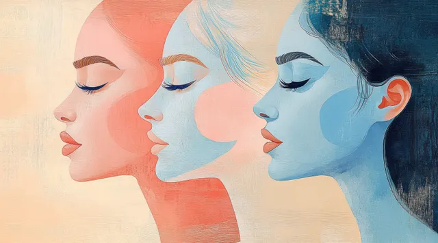 Three overlapping female side profiles with closed eyes in layered peach, light blue, and dark blue colors.
