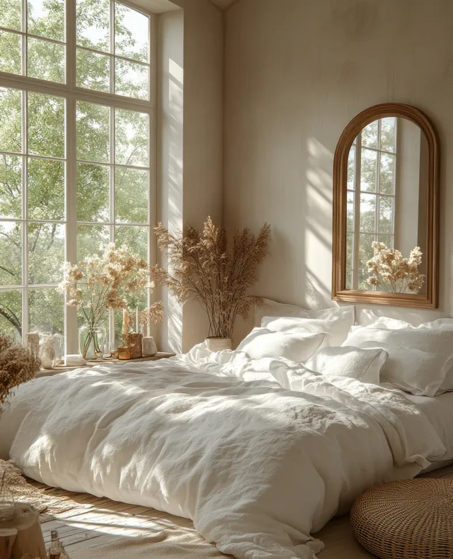 Soft daylight fills a minimalist bedroom with white rumpled bedding and an arched wall mirror near the window.