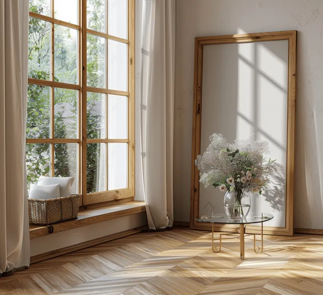 Contemporary minimalist living room with a wooden frame, glass coffee table, and a vase of flowers in a sunlit setting.