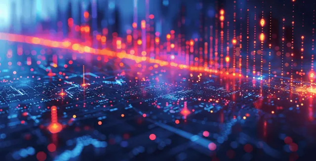 Glowing stock market graph indicators overlay a dark cityscape with network data points and lights.