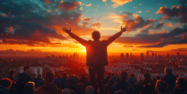 Silhouetted businessman raises both arms on a rooftop while a cheering crowd fills the foreground at sunset.