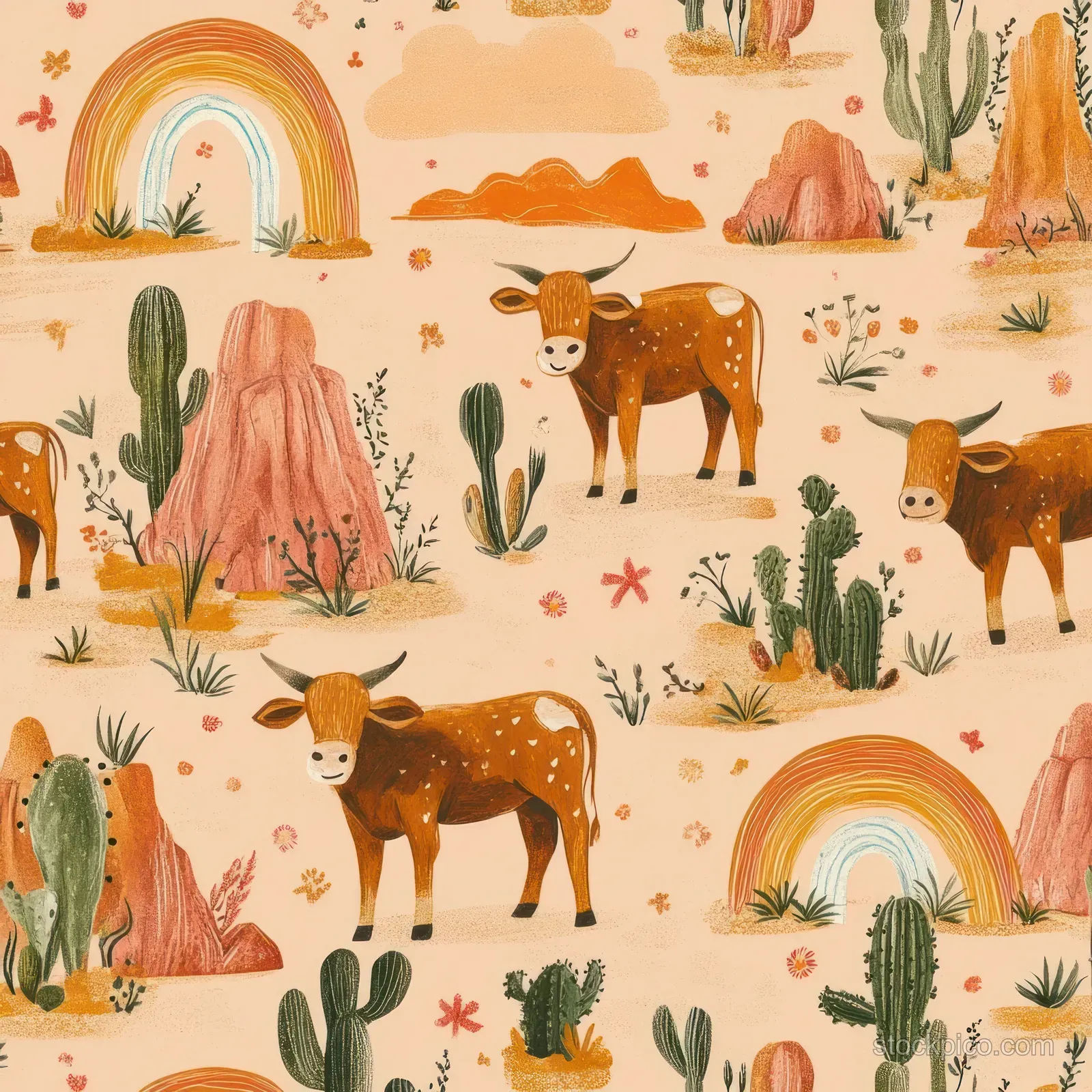 Seamless pattern of whimsical cartoon cows among desert cacti, flowers, and rainbows in warm earthy tones.