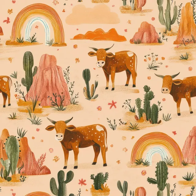 Seamless pattern of whimsical cartoon cows among desert cacti, flowers, and rainbows in warm earthy tones.