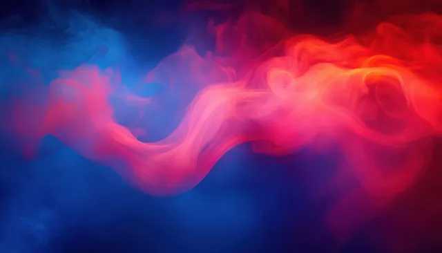 Swirling red and blue smoke ribbons drift across a dark abstract fluid background texture