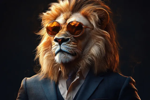 A lion in a dark suit and round sunglasses poses in a studio portrait under dramatic lighting.