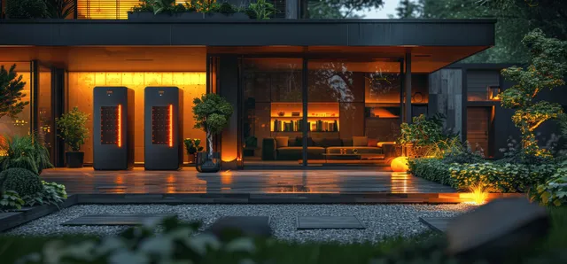Energy storage battery packs mounted on a garage wall with glowing LED status lights at night.