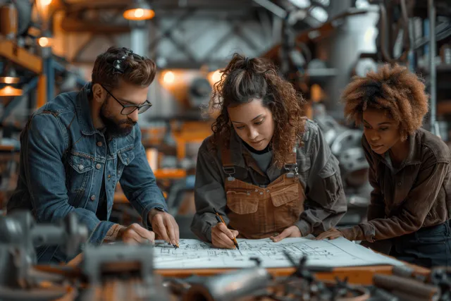 Three professionals in office workshop attire review blueprints and mark notes on a large plan at a table.