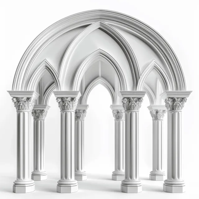 White Gothic archway with fluted columns and carved stone detailing isolated on a light background.