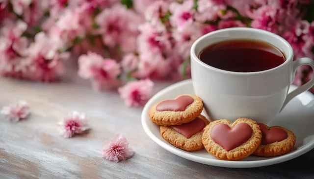 White cup of tea on a saucer with heart-shaped cookies and soft pink flowers in the background.