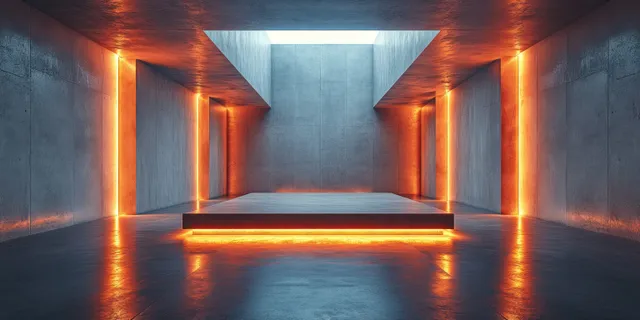 Minimal concrete corridor with glowing LED wall lights and a reflective glossy floor.