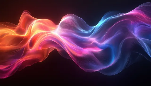 Neon wave ribbon abstract with flowing lines, glowing gradients on a dark background