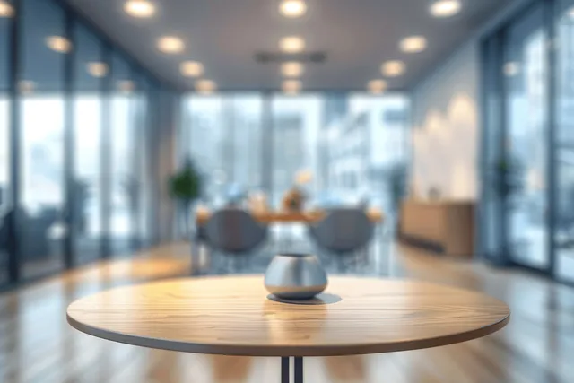 Round meeting table centered in a minimalist office with blurred panoramic windows and bright light.