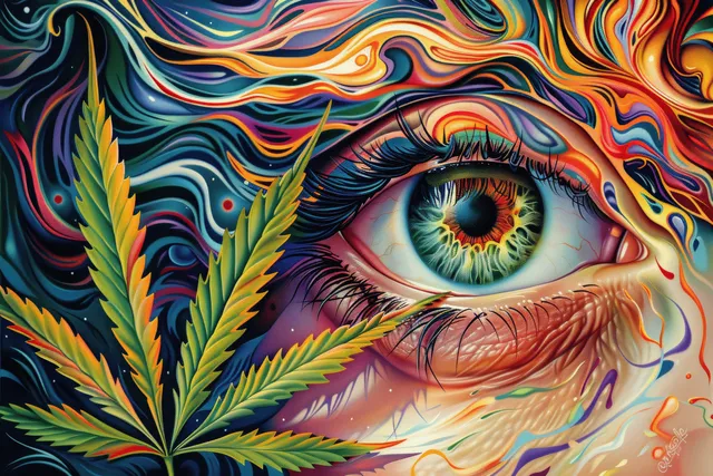 Psychedelic shaman eye opening with swirling marijuana leaves and glowing cosmic patterns