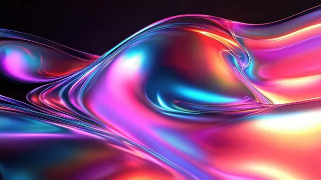 Abstract neon metallic liquid ribbon surface with glowing reflections in blue, pink, purple